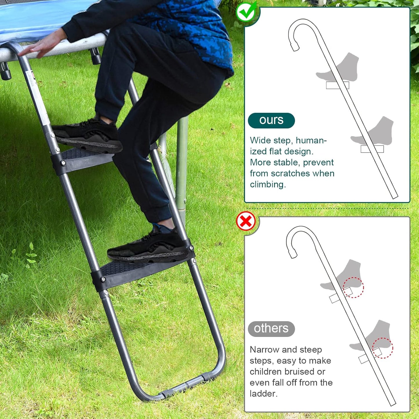 HBTower Trampoline Ladder with Horizontal and Wide Steps, Universal Hook, UV Treated Steel, 220 lbs Capacity Trampoline Accessories for Children Kids
