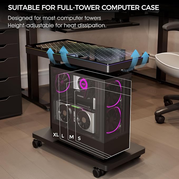 EUREKA ERGONOMIC Height Adjustable Computer Tower Stand, Illuminated Glass