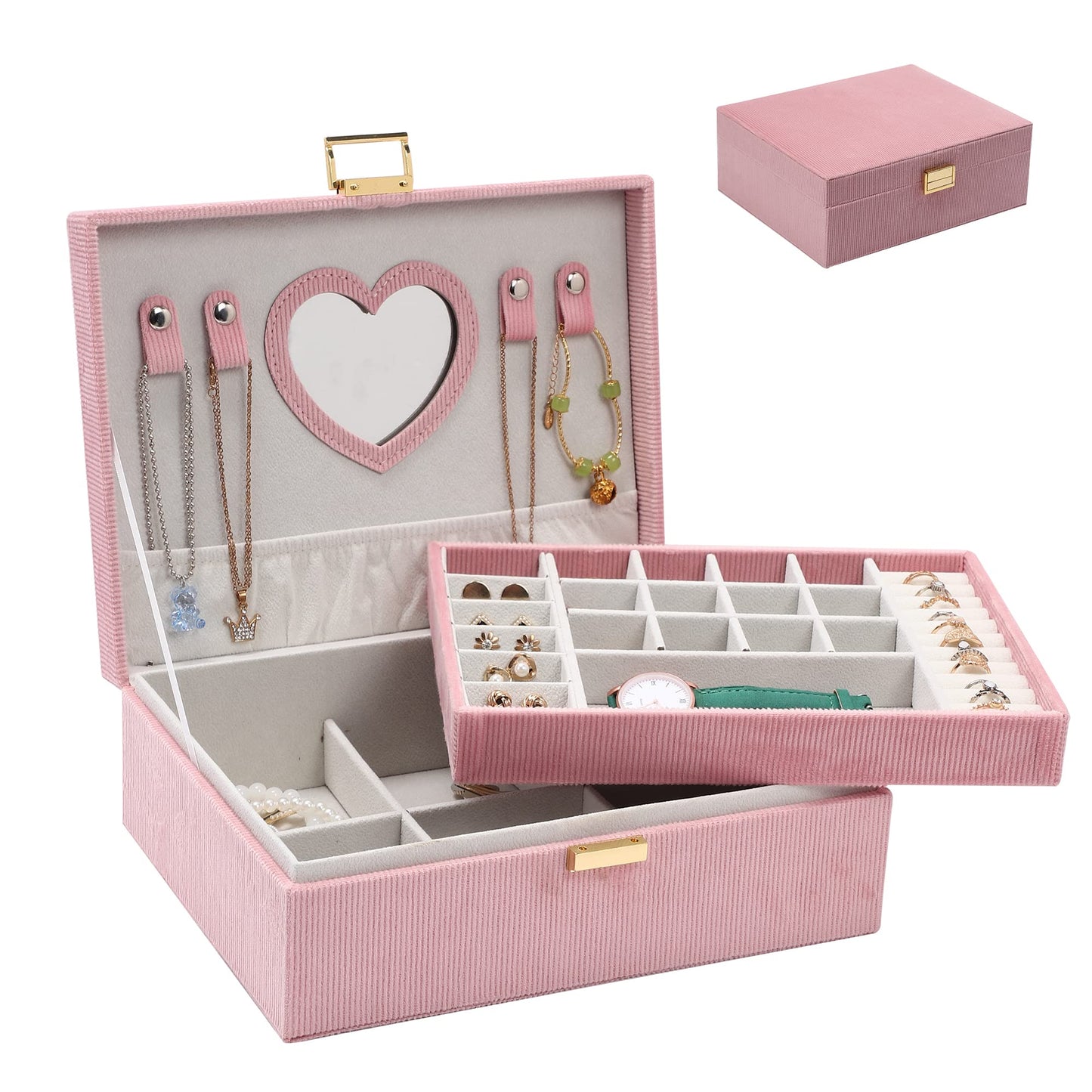 Dajasan Jewelry Boxes for Women Girls, Jewelry Organizer Box, 2-Layer Large Velvet Jewelry Organizer for Rings Necklaces Bracelets Watch Earring(Pink)
