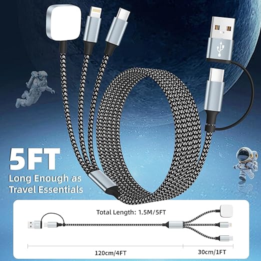MPATIBY Travel Essentials, 3 in 2 UB A/USB C Cable for Watch Charger, Multi Phone Charging Cable/Cord for All Devices for iWatch Ultra/SE/10-1, Phone16 15 14, Android, iPads, More (2Packs 5FT)