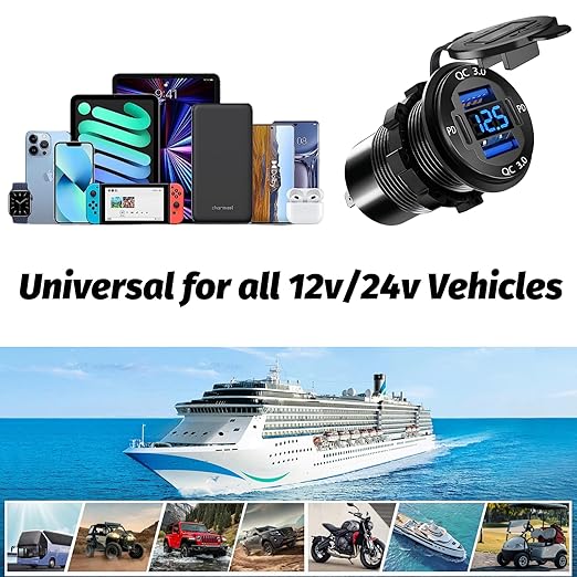 12 Volt USB Charger, 12v USB 4-Port Aluminum Alloy USB C Outlet with LED Voltmeter,Dual PD3.0 & QC3.0 for 12/24V Car Golf Cart Boat Marine Bus Truck RV Marine Motorcycle etc (Pack of one)