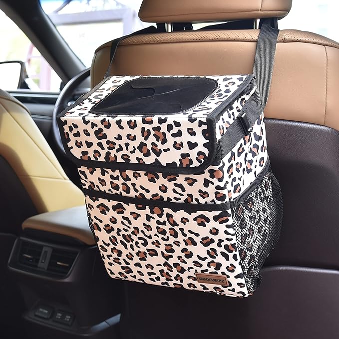 SIBOFUEGO Cute Car Trash Can with Lid β Multipurpose Collapsible Trash Bin for Car, Leak-Proof Organizer, Waterproof Garbage Can with Storage Pockets & Adjustable Straps, 2 Gallons (Leopard Print)