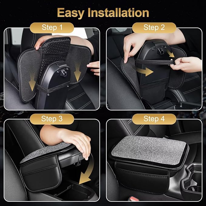 Bling Center Console Cover Fit for Toyota Land Cruiser with 2 Storage Bags Fully Diamond-Studded Style Center Console Armrest Cover with Total Protection(Silver Diamond)