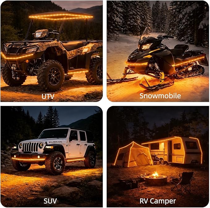 12V Marine Boat LED Light Strip Super Bright, 2 Pack 2FT IP68 Fully Waterproof RV Front Cap Lights, Golf Cart Underglow Roof Lights Strip for Truck ATV UTV SUV Car Pickup Trailer, Cuttable, Amber