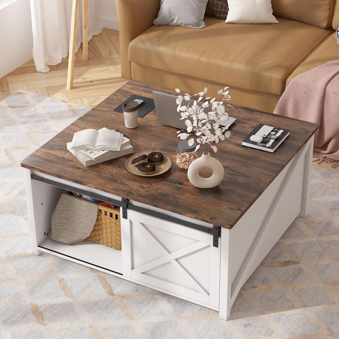 PUKAMI Lift Top Coffee Table with Storage, 31.5" Farmhouse Coffee Table for Living Room, Square Coffee Tables with Large Hidden Storage and Sliding Barn Doors, White