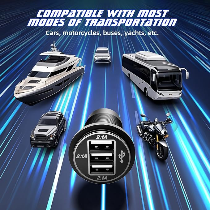 12V USB Outlet Wire USB Charger, 3 Port 12V/24V Charger Socket for Cars, Boats, RVs, Trucks, Golf Carts, and Motorcycles and More (Pack of one)