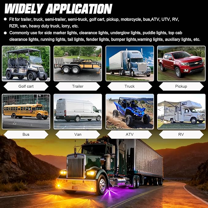 4-Pack Dual Color Watermelon Lights LED Strobe & Steady Cab Roof Clearance Marker Warning Lights Amber Purple Side Marker Lamp with Bezel for Truck Trailer RV Off-Road Vehicle