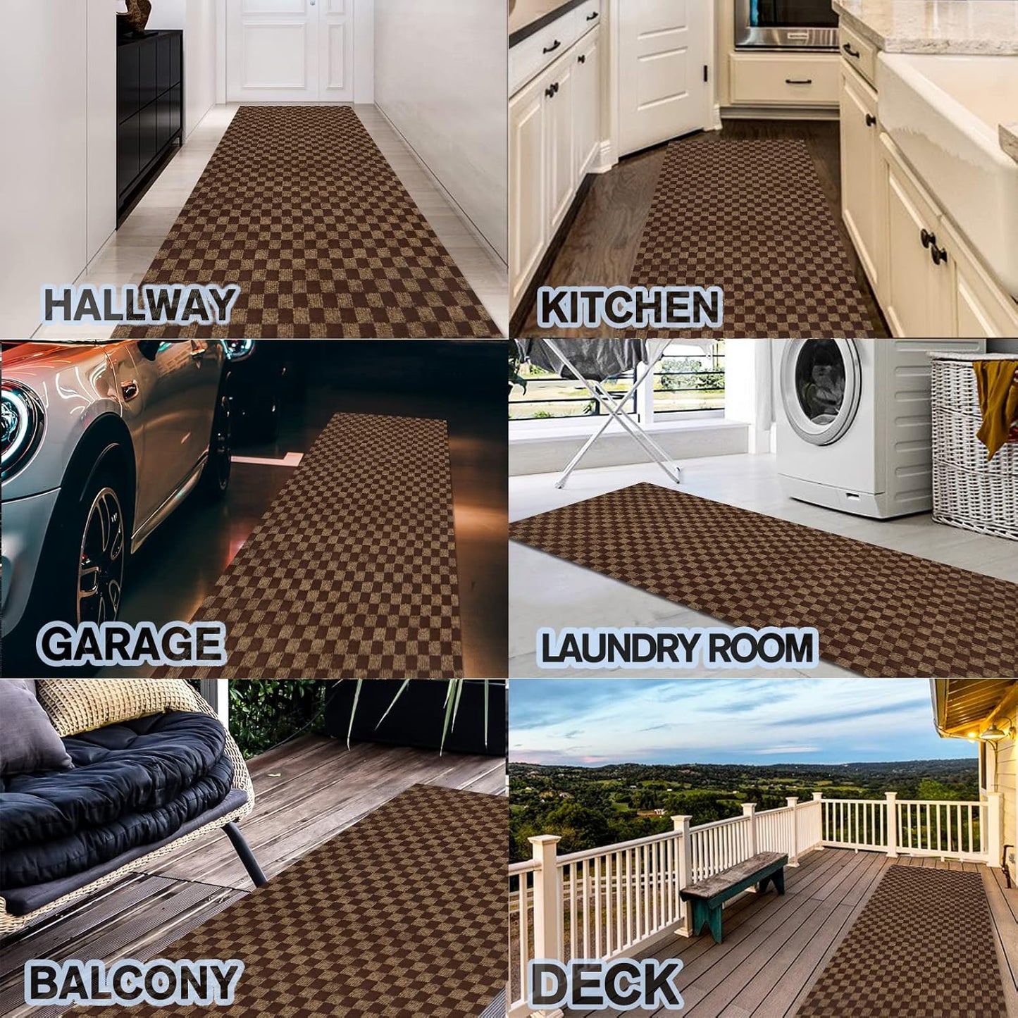 Custom Size Backed Non-Slip Area Rugs Runner, Easy Clean, Waterproof Runner Rugs for Hallway Entryway, Kitchen, Laundry, 4FT x 19FT, Brown Checkered
