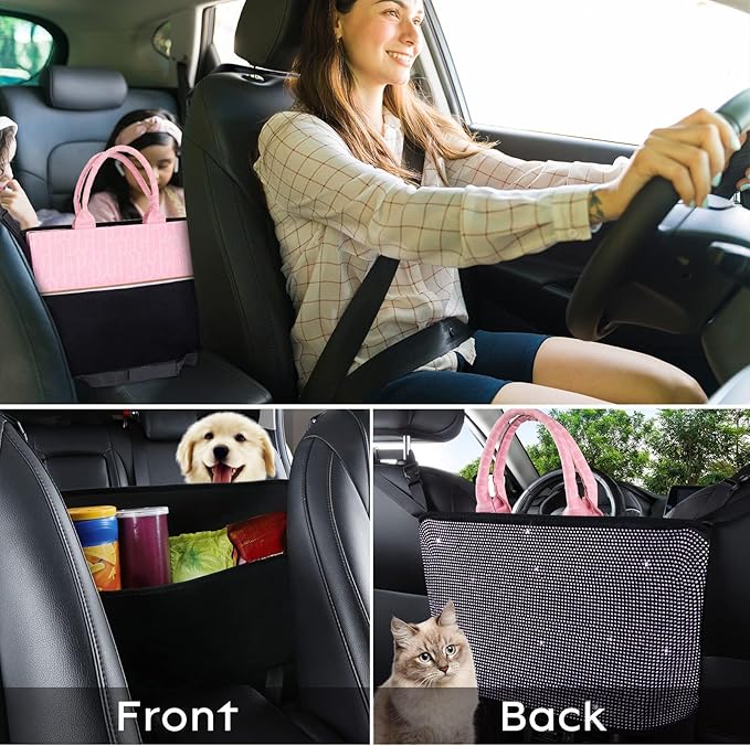 eing Crystal Car Organizers and Storage Purse Holder, Car Seat Back Net Handbag Accessories with Bling Diamonds for Women, Car Pet Barrier for Dogs and Kids, Purple