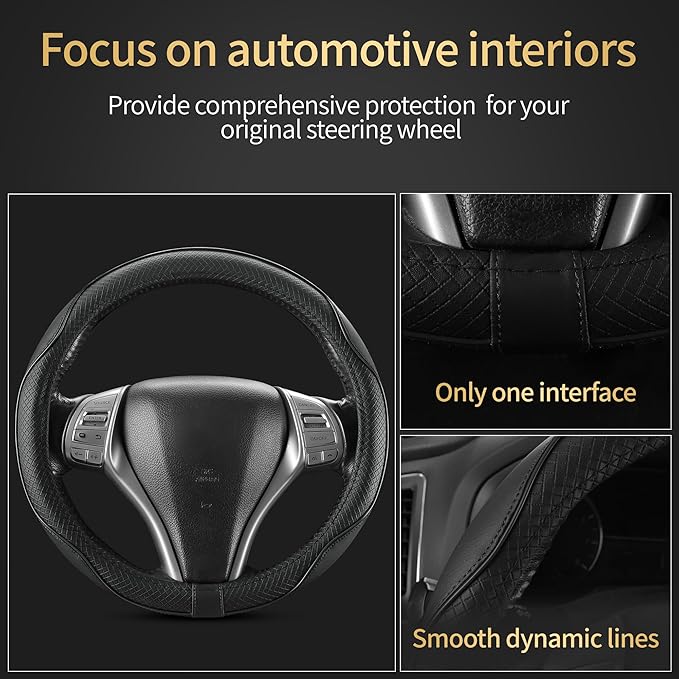Leather Car Steering Wheel Cover,Anti-Slip, Safety, Soft, Breathable, Heavy Duty, Thick, Full Surround, Sports Style,Universal Car Accessories for Women Men Fit 14" 1/2-15"(Black)