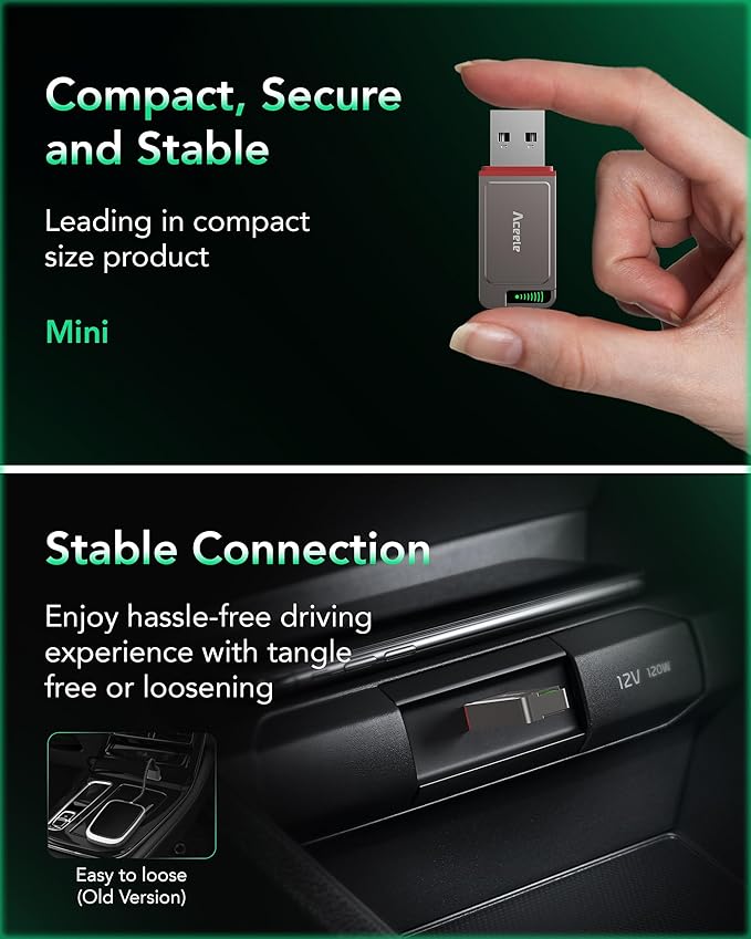 Aceele 2-in-1 Wireless CarPlay & Android Auto Adapter, 2025 Upgrade Apple CarPlay Dongle Converts Wired to Wireless, Mini Size with USB to USB-C Adapter, Auto-Reconnect, Stable Control & No Delay