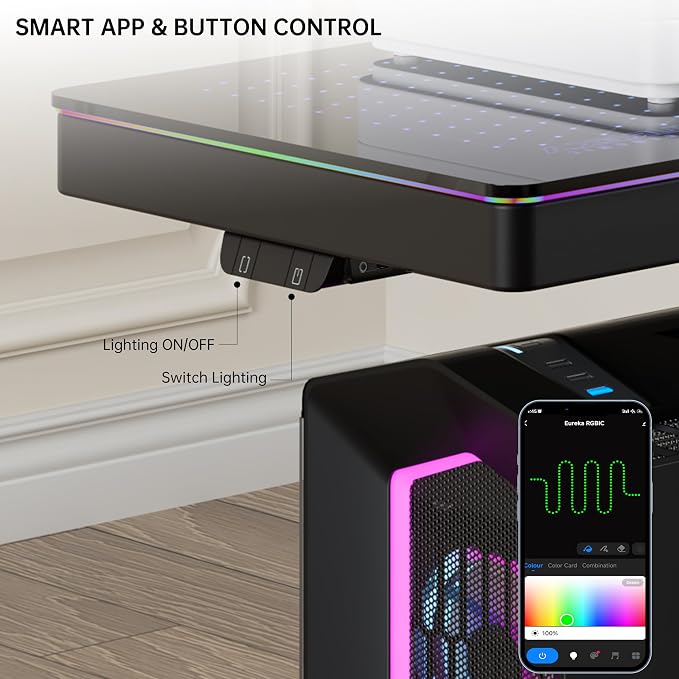 EUREKA ERGONOMIC Height Adjustable Computer Tower Stand, Illuminated Glass