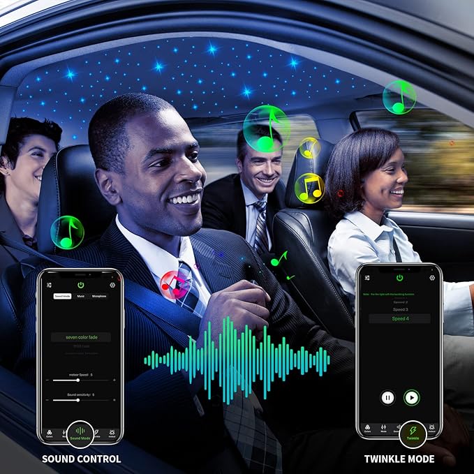 AMKI Updated 16W RGBW Fiber Optic Light Twinkle+Sound Activated Mixed 375pcs 9.8ft Cables APP Remote Music Control Car Home Starlight Headliner Star Ceiling Light Kit 0.03in 0.04in 0.06in Strands