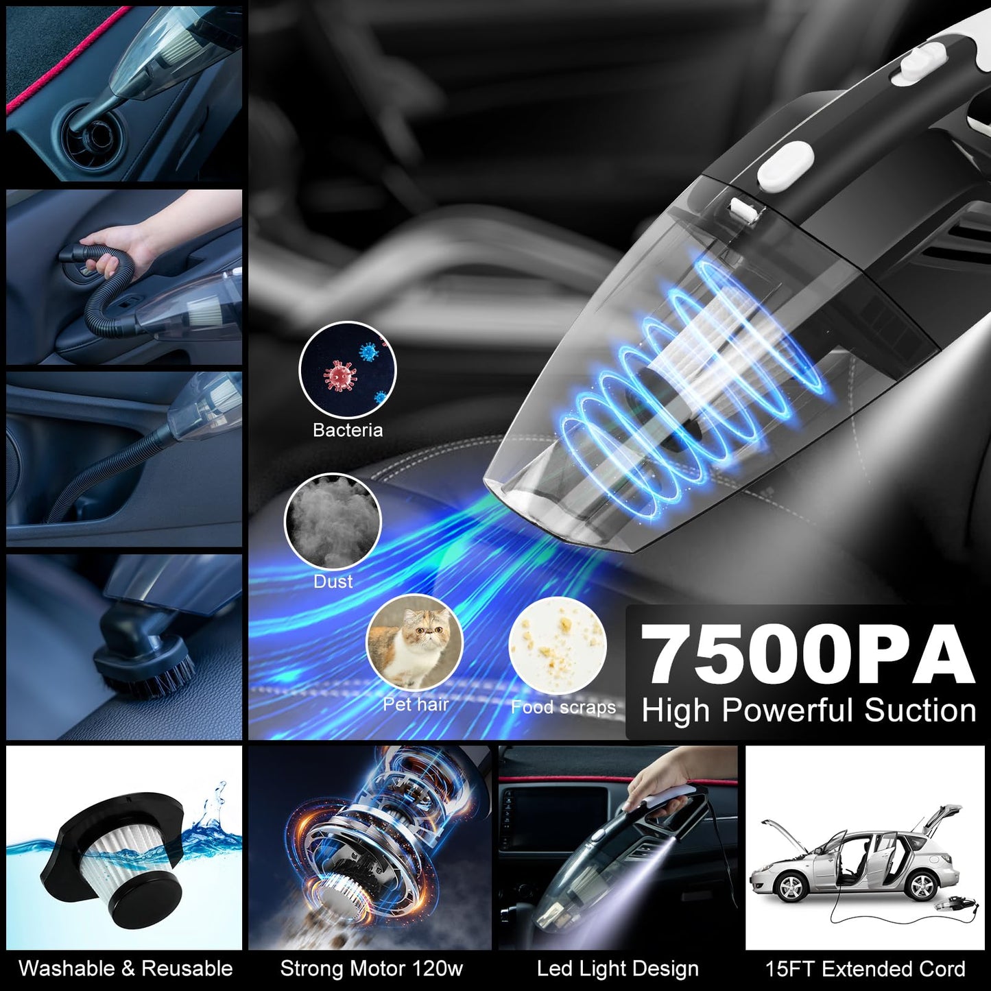 AUTODECO 41Pcs Car Cleaning Wash Kit Interior Detailing Cleaner Kit with High Power Handheld Vacuum, Collapsible Bucket, Windshield Tool, Snow Shovel, Tire Brush, Complete Car Care Tools, Black