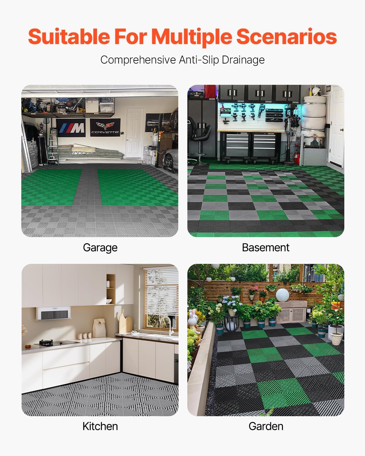 VEVOR Interlocking Drainage Mat, 12” x 12” Modular Interlocking Cushion, 24 Pcs Splicing Drainage Mats, Non-Slip Gray PP Drainage Floor Tile and Shower Mat, for Garage, Garden, Kitchen & Outdoor