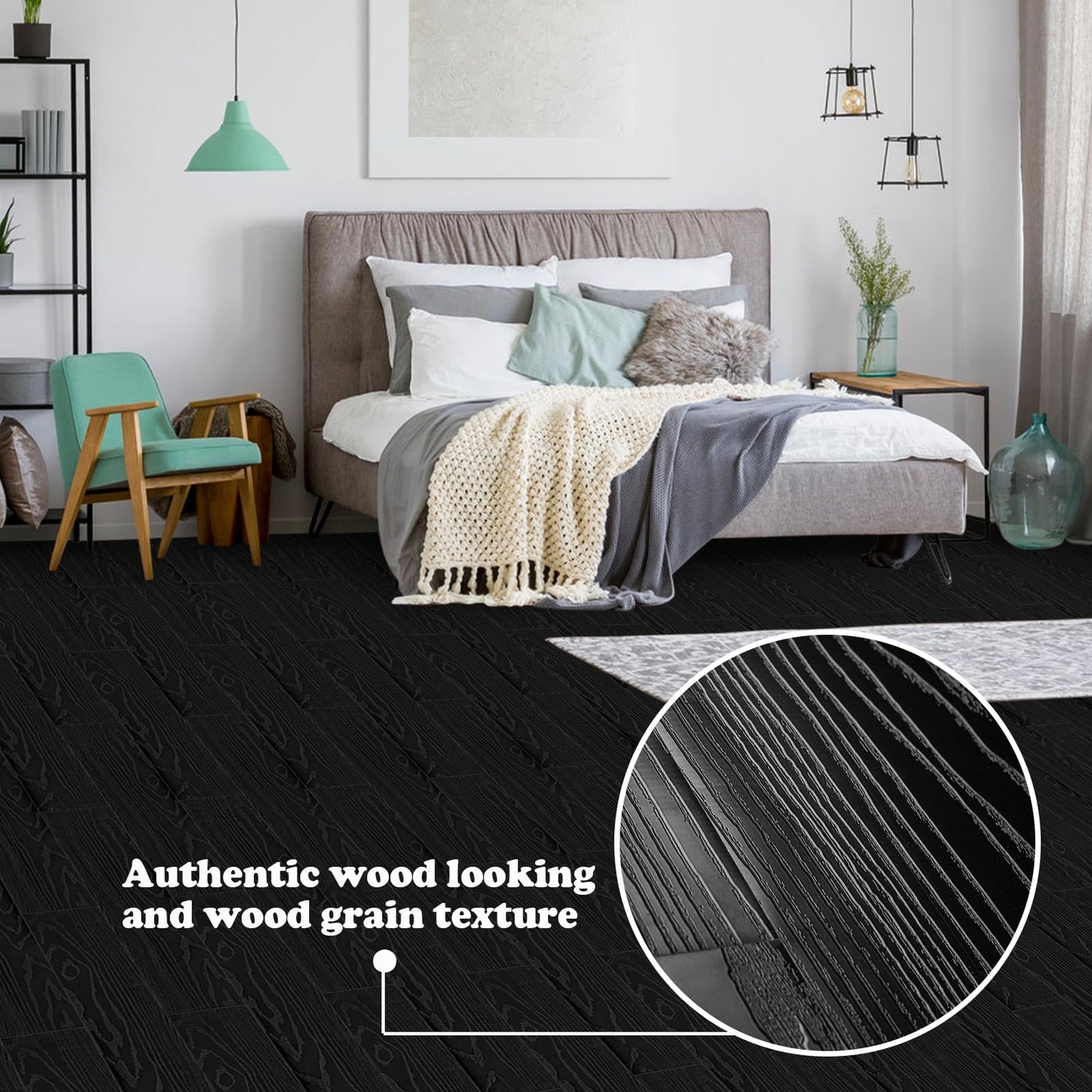 Peel and Stick Floor Tile - Vinyl Flooring 20-Pack (30 Sq.Ft), Waterproof and Self-Adhesive Black Wood Plank for Bathroom Kitchen Laundry Room, Easy DIY Flooring, No Grout Needed (36x6 Inch)