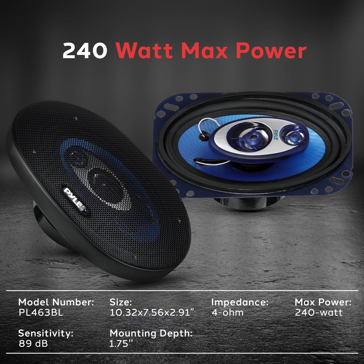 Pyle 4'' x 6'' Three Way Sound Speaker System - Pro Mid Range Triaxial Loud Audio 240 Watt per Pair w/ 4 Ohm Impedance and 3/4'' Piezo Tweeter for Car Component Stereo PL463BL