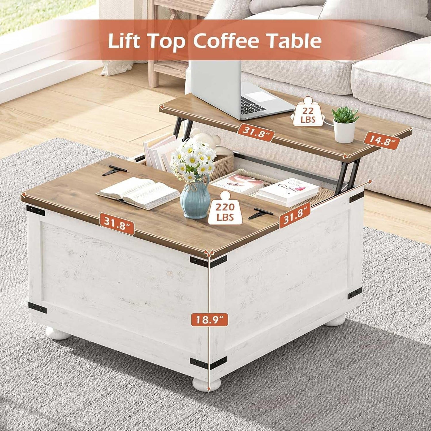 MaverickFurni White Farmhouse Coffee Table with Storage, Square Lift Top Coffee Table with Hydraulic and Wood Gourd Feet for Living Room, White