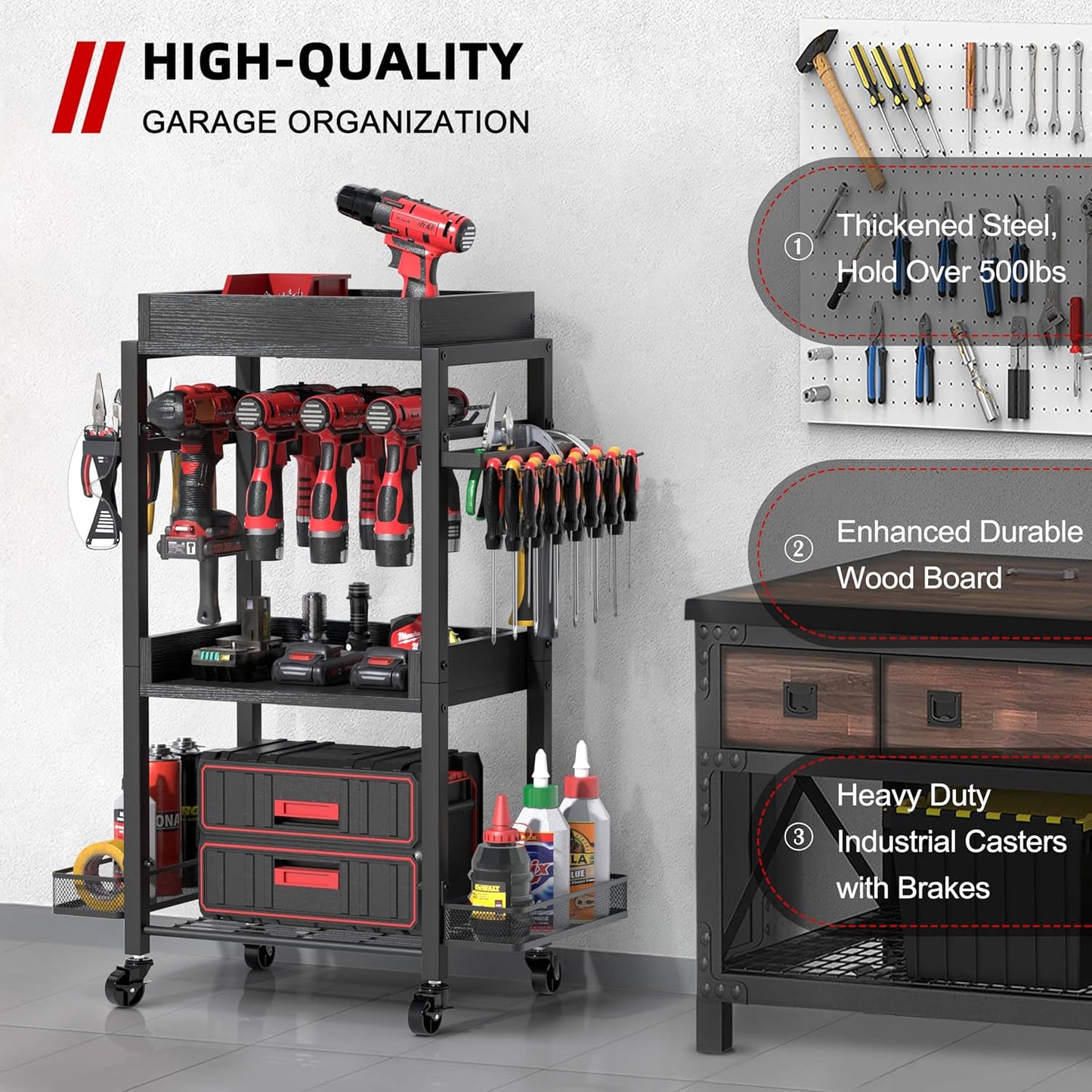 DEWALT Power Tool Organizer - Garage Storage Shelving with Rolling Cart & Open Tool Chest Cabinet Box Organizer with Wheels - Workshop & Gift Ideas for Men, Dad