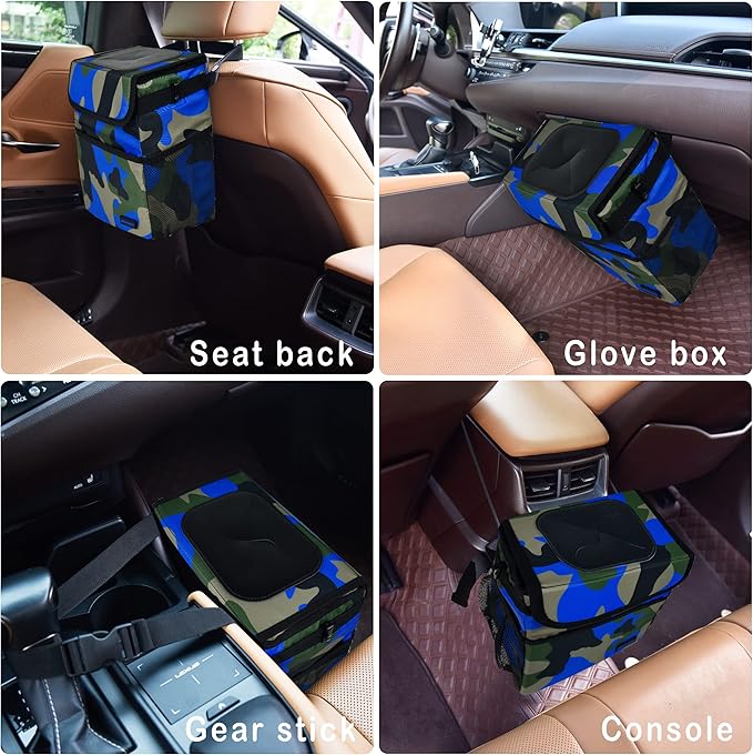 SIBOFUEGO Cute Car Trash Can with Lid β Multipurpose Collapsible Trash Bin for Car, Leak-Proof Organizer, Waterproof Garbage Can with Storage Pockets & Adjustable Straps, 2 Gallons (Camo Blue)