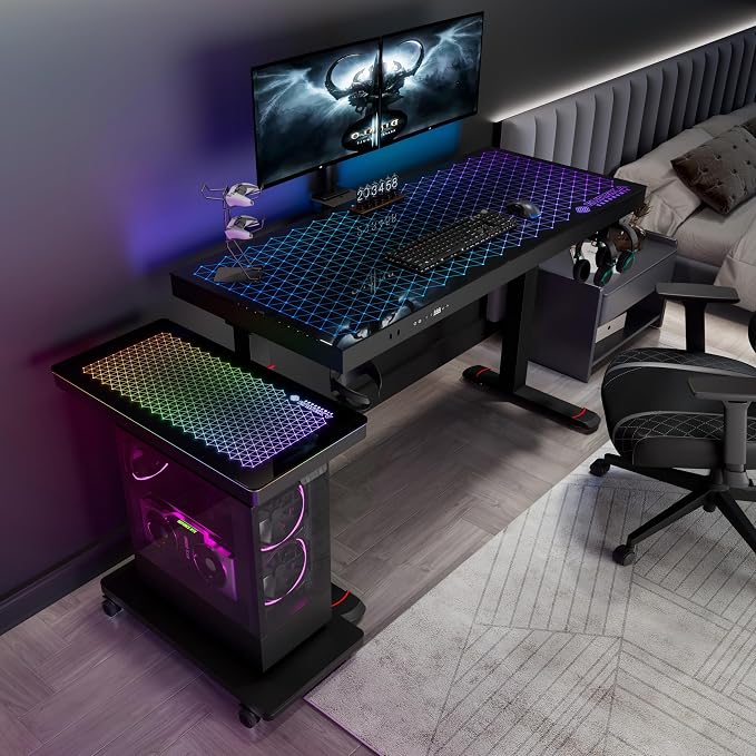EUREKA ERGONOMIC Height Adjustable Computer Tower Stand, Illuminated Glass