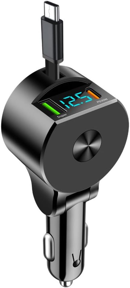75W 3-in-1 Car Charger Adapter with Voltage Detection, Super Fast Charging with Cable PD30W Retractable Cable for iPhone/Samsung/Android/iPad Pro and More