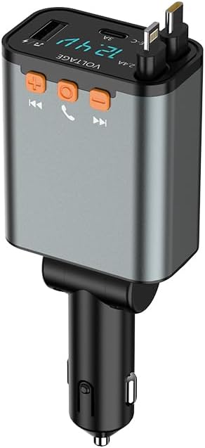 50W PD Car Charger with Bluetooth FM, Retractable Type-C & Lightning Cables, Hands-Free Calling Kit, USB MP3 Player & Voltage Display for 12V/24V Cars, Trucks