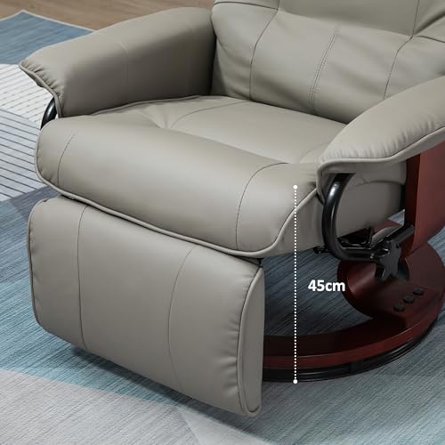 HOMCOM Faux Leather Manual Recliner, Adjustable Swivel Lounge Chair with Footrest, Armrest and Wrapped Wood Base for Living Room, Gray