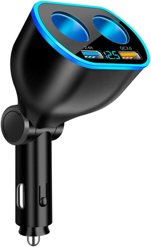 2026 New Upgrade 4 Port Cigarette Lighter Splitter,2.4A&QC3.0 Super Fast Car Charger with Dual Cigarette Lighter Plug with LED Voltmeter Compatible with Mobile Cell Phone Dash Cam GPS (QC+2.4A)