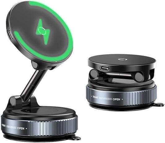 360 Rotating Magnetic Charger Phone Holder Foldable Magnetic Vacuum Phone Holder with Wireless Charger for Car Gym Mirror Shower for iPhone&Android