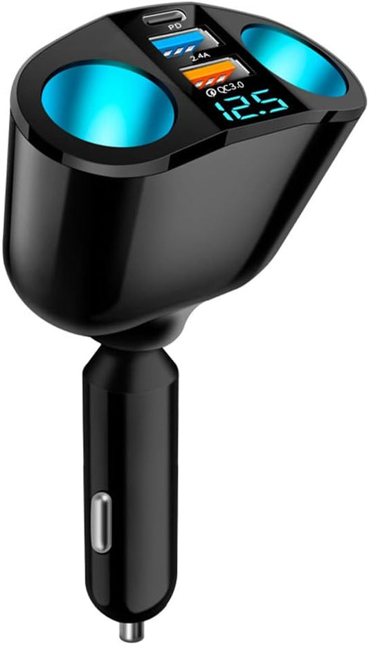 2026 New Upgrade 5 Port Cigarette Lighter Splitter,QC3.0&PD 20W Super Fast Car Charger with Dual Cigarette Lighter Plug with LED Voltmeter Compatible with iPhone 14 Pro iPad Dash Cam GPS (PD+QC+2.4A)