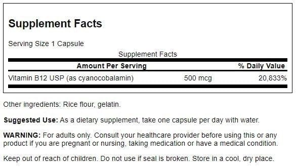 Swanson Vitamin B-12 (Cyanocobalamin) Energy Cardivascular Health Support 500 mcg 100 Capsules