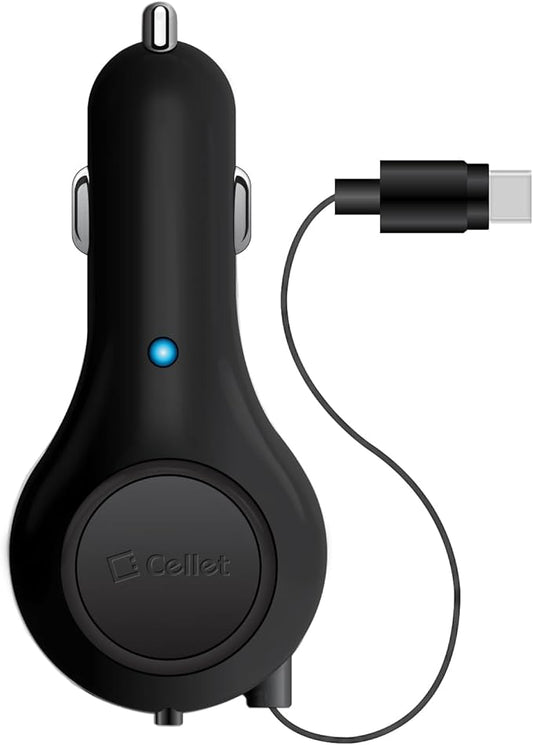 Cellet Retractable USB-C Car Charger – 15W Fast Charging, 3.3ft Cable, 3A Output, Blue LED Indicator – Compatible with Apple iPhone 15/16 Series & Samsung Android USB-C Devices – Compact, Tangle-Free
