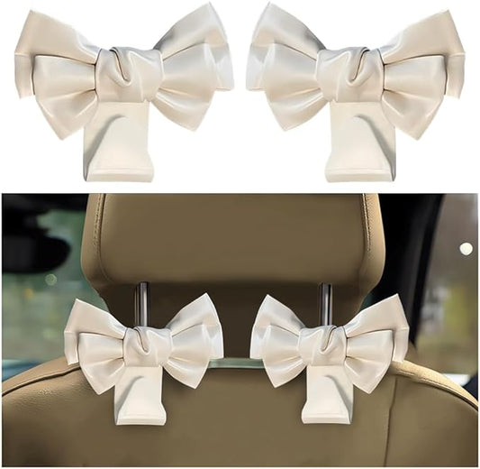 Car Headrest Hooks, 2PCS Cute Bow Vehicle Back Seat Hanger for Purses Bags, Automotive Interior Backseat Storage Hanging Organizer Decor Accessories, Universal for SUV, Sedan, Truck (White)