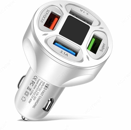 66W Multi Port Car Charger Adapter with Voltage Monitor, 4 USB QC3.0 Super Fast Charge Cigarette Lighter USB Charger, Compatible with iPhone/Android/Samsung/iPad Pro/and More (White)