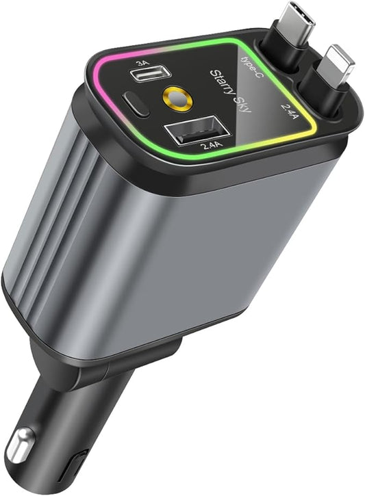 Car Charger with Starrylight, 4 in 1 Retractable Type C USB Ports 120W Fast Charging Adapter for Phones, Tablets, Multifunctional Auto Accessories, Universal for Vehicles