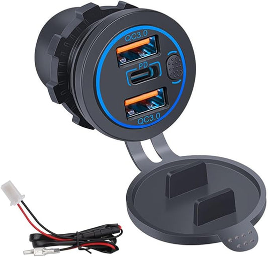 3 Ports 18W USB Car Charger with Switch, 12-24V Dual QC 3.0 USB & PD USB C Cigarette Lighter Socket Outlet, Dashboard Mount Quick Charge Charger for Car Motorcycle Truck Marine Boat ,Blue Light