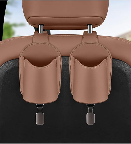 Car Seat Back Organizers Set of 2 with Leather Cup Holder and Headrest Hook, Universal Backseat Phone Mount & Storage Bag (Coffee)