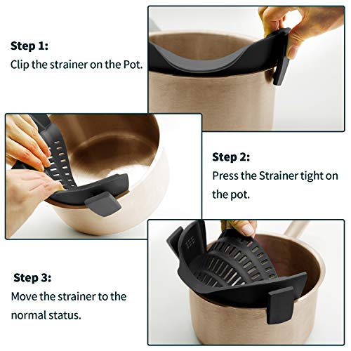 AUOON Clip on Strainer for Pots and Pans - Silicone Food Strainer for Draining Pasta, Spaghetti, Noodles, Fruits, Vegetables, Grease, Ground Beef (Almond Rose)