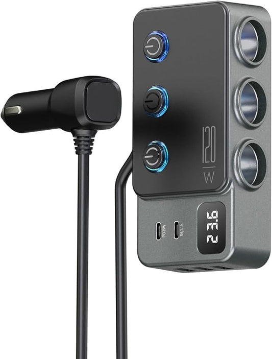 8 in 1 Cigarette Lighter Splitter, 3 Socket Car Charger Adapter, Type-C QC3.0 PD35W 5 USB C/A Fast Charging Port,12V/24V Input 120W Outlet with Built-in Protecter, Zero Risk to Car Battery & Devices
