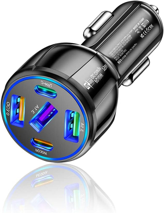 75W Ultra-Fast Car Charger, 30W/QC3.0/Type C 5-Port Smart Shunt 12 Volt Car Adapter Cigarette Lighter USB Charger Compatible with iPhone 14 Pro MAX/13,MacBook Pro,iPad Pro (3USB+2PDBlack)