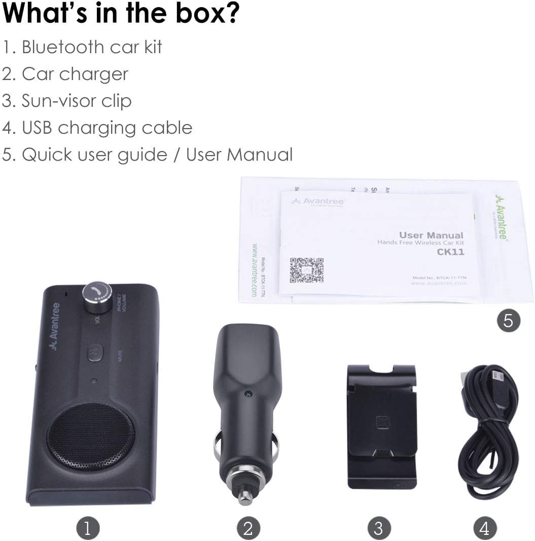 Avantree CK11 Hands Free Bluetooth 5.0 Car Kits, 3W Loud Speakerphone, Support Siri Assistant & Motion Auto On Off, Volume Knob, Wireless in Car Handsfree Speaker with Visor Clip - Titannium