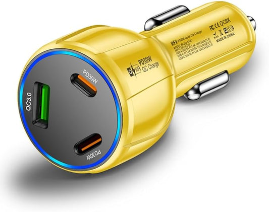 3-Port 90W USB C Car Charger, PD30W & QC3.0 Fast Car Charger Cigarette Lighter Plug Adapter for iPhone/Android/Samsung/iPad (Yellow)