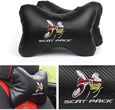 2Pcs Leather Carbon Fiber Leather Sport Car Seat Scat Pack Bee Neck Rest Pillow Foam Headrest Travel Cushion Travel Sleeping Cushion for Challenger Charger