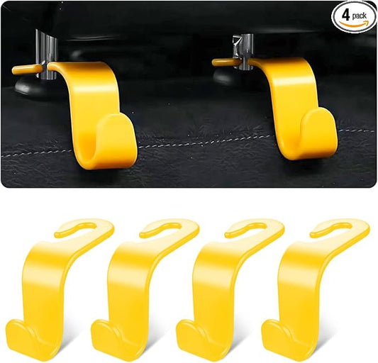 Car Seat Headrest Hook, 4PCS Multifunctional Auto Backseat Hangers, Universal Car Interior Accessories, Vehicle Storage Organizer for Purse, Coat, Umbrella, Grocery, Bag, Handbag (Yellow)