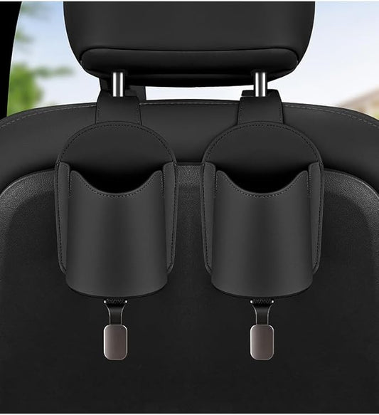 Car Seat Back Organizers Set of 2 with Leather Cup Holder and Headrest Hook, Universal Backseat Phone Mount & Storage Bag (Black)