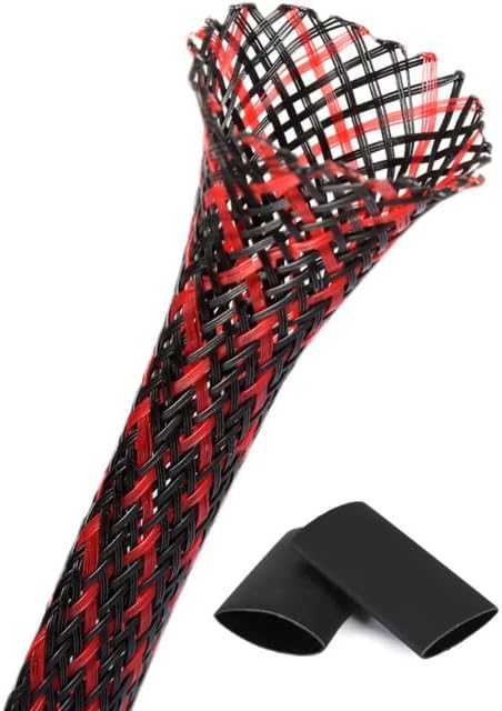 25ft - 1 Inch Cable Management Sleeve Protector,Wire Loom PET Expandable Wire Sleeving for Office TV Computer Home Theater Engine Bay Cord Organizer,Protect Cables from Pet Cat Dog Chewing,BlackRed
