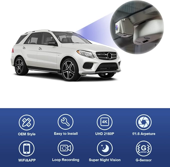 Fitcamx 4K Dash Cam Suitable for Mercedes-Benz GLE GLS 2016-2019 (Model A) W166 X166, Integrated OEM Style, UHD 2160P Video, Loop Recording, Built-in WiFi & APP, G-Sensor, Easy to Install, 64GB Card