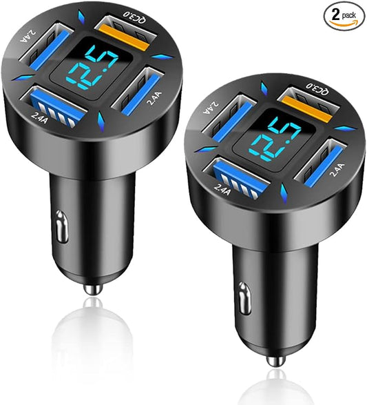 Car Charger 66W Super Fast Charging with USB 2.4A&QC 3.0(Voltmeter&LED Lights) Universal Quick Charge for 12-24V Car Cigarette Lighter Plug,Compatible with iPhone 14 13 12,S22 (2Pcs-Black-QC/2.4A)