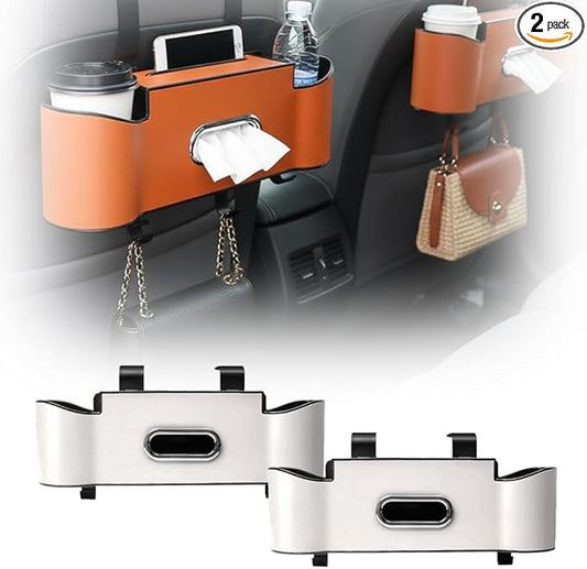 3-in-1 Car Backseat Organizer, 2026 New Multifunctional Back Seat Car Organizer with Cup Holder, Tissue Box, Trash Bin & Hooks for Hold Phones, Snacks, Drinks, Handbags (2, Beige)